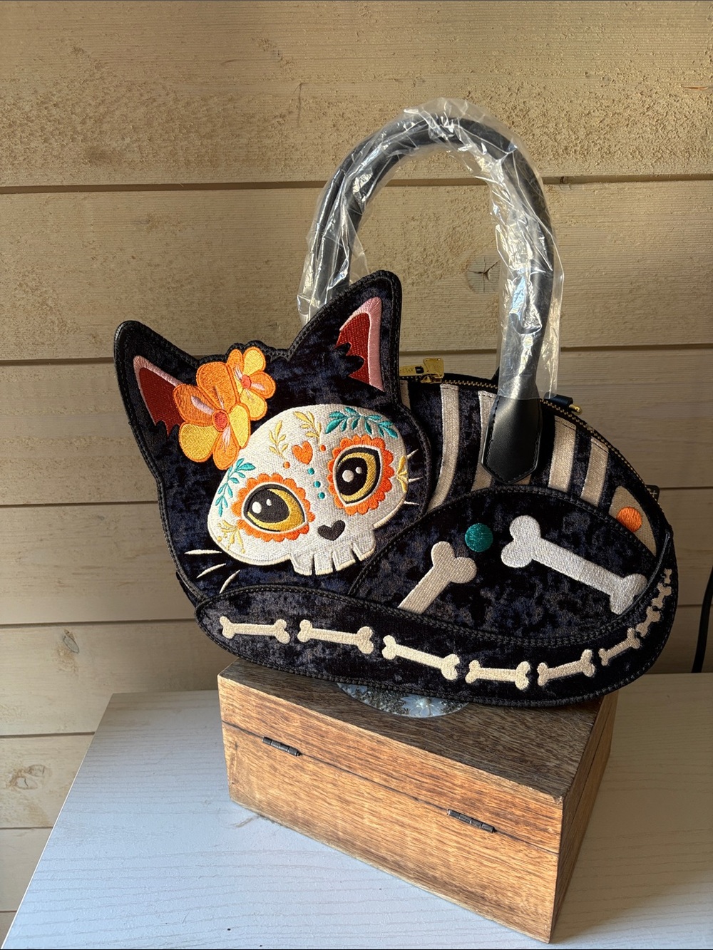 Loungefly Black Velvet Day of the Dead Cat purse with Orange & Teal Accents